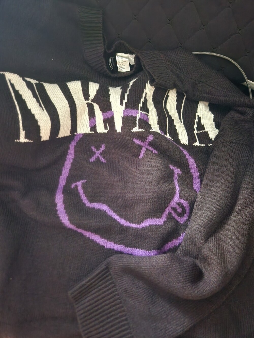 H&M Nirvana Black Crewneck Sweater with Purple Smiley Graphic